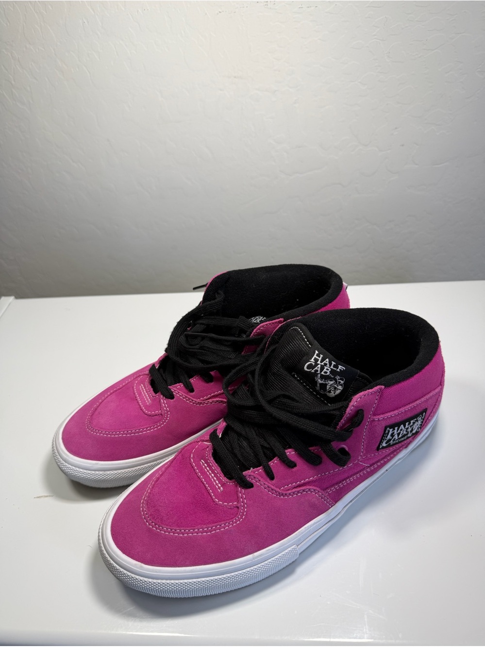 Vans Skate Half Cab Shoes Magenta Pink Black Suede Mid Top PopCush 9.5